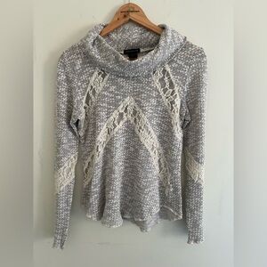 Socialite Gray Cowl Neck Sweater w/ Lace Inserts Medium Boho Knit